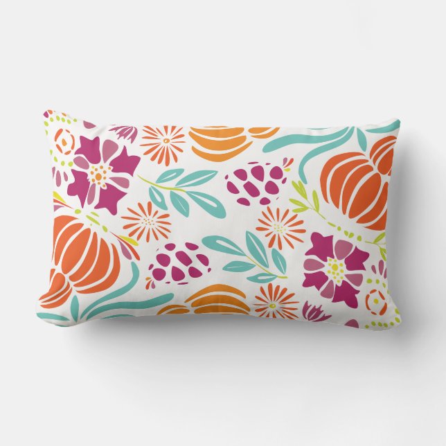 Almofada Lombar Coral Amarelo Roxo Arte Verde Deco Padrão Floral (Frente)