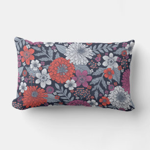 Almofada Lombar Coral, Magenta e Azul Zinnias Floral