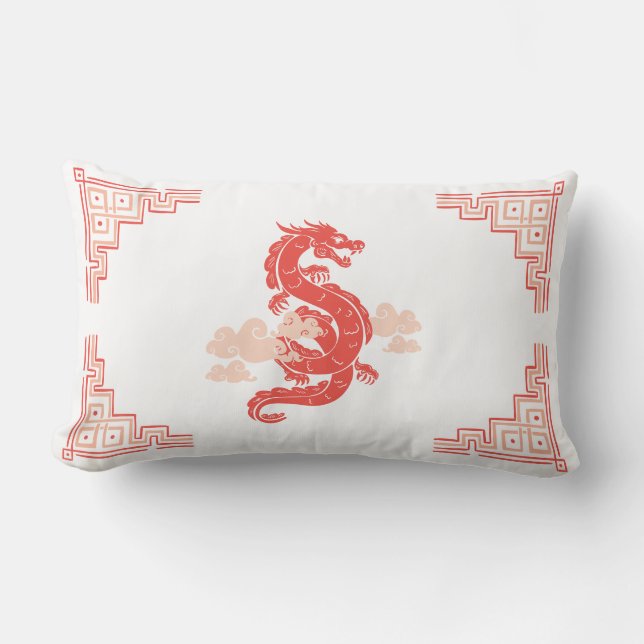 Almofada Lombar Coral Peach Chinoiserie Dragon e Nuvens (Frente)