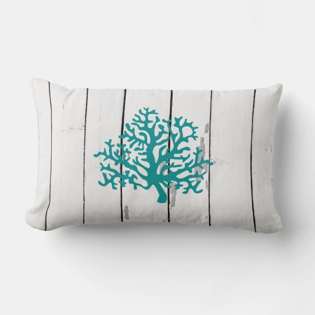 Almofada Lombar Coral Reef Shiplap Rustic Wood Beach Decor (Frente)