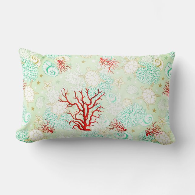 Almofada Lombar Coral vermelho-branco belo-turquesa  (Frente)