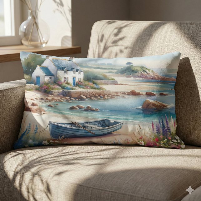 Almofada Lombar Cottage Costeiro Barco a Remo à Beira-Mar Florido (Coastal Cottage Seaside Rowboat Bloom Lumbar Pillow Mockup A)