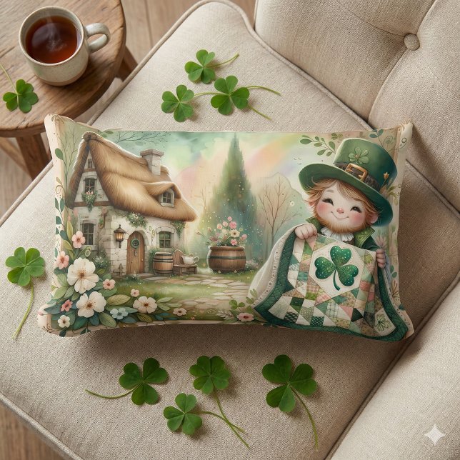 Almofada Lombar Cottage Leprechaun Patchwork Quilt Scene (Cottage Leprechaun Patchwork Quilt Scene Lumbar Pillow Mockup A)