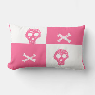 Almofada Lombar crânio rosa padrão xadrez rosa e branco