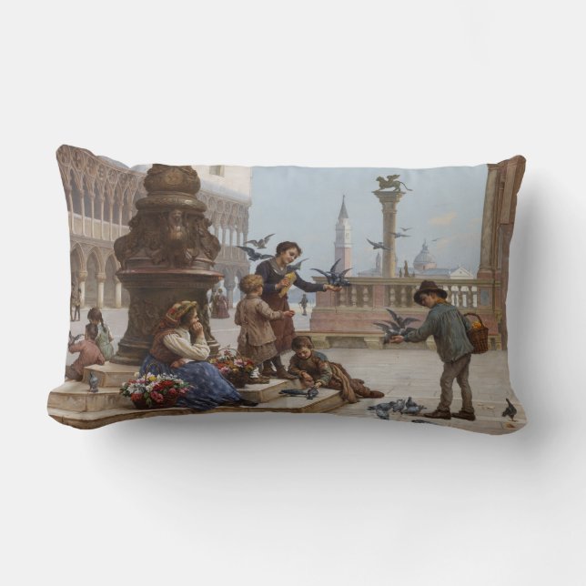 Almofada Lombar Crianças alimentando pombos em Veneza (por Paolett (Frente)
