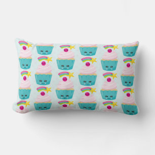 Almofada Lombar Cupcake azul bonito com padrão facial Kawaii