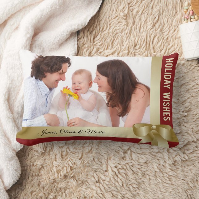 Almofada Lombar Custom Name & Photo Holiday Red, Gold Bow (Cobertor)