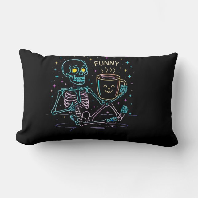 Almofada Lombar Cute Neon Skeleton Drinking Coffee – Funny Pastel  (Frente)