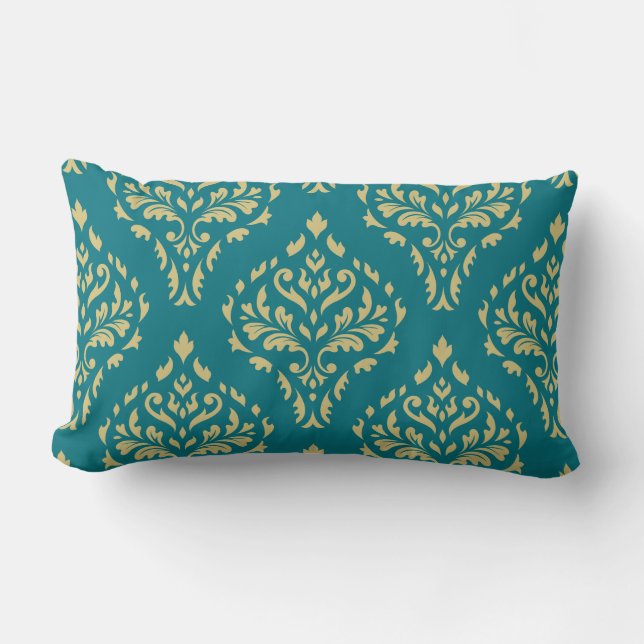 Almofada Lombar Damask Leafy Barroco Padrão Teal & Dourado I (Frente)