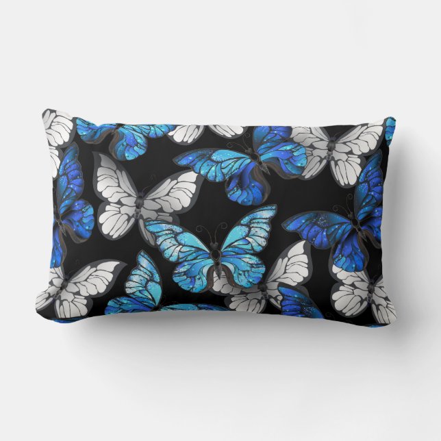 Almofada Lombar Dark Seamless Pattern with Blue Butterflies Morpho (Frente)