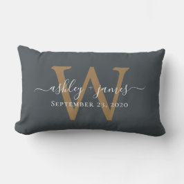 Almofada Lombar Data de Casamento com Monograma Dourado Preto Desb