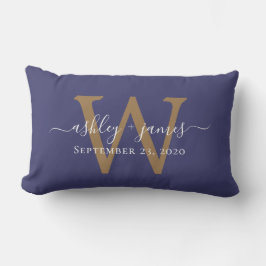 Almofada Lombar Data de Casamento Monograma Dourado Azul-Navy