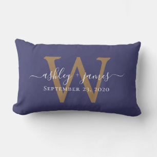 Almofada Lombar Data de Casamento Monograma Dourado Azul-Navy