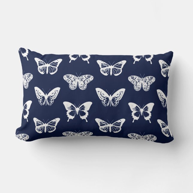 Almofada Lombar Desenho da borboleta, azul-marinho e branco (Frente)