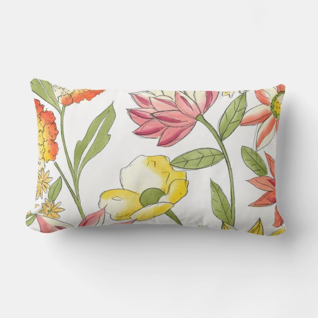 Almofada Lombar Design de Jardim Floral com Fundo Branco (Frente)