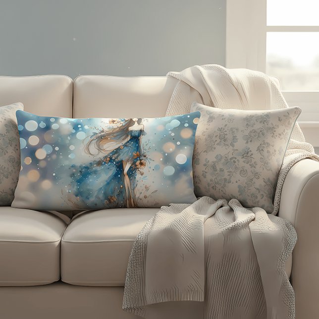 Almofada Lombar Deusa Fantástica Eetérea em Sonho de Água (Ethereal Fantasy Goddess in a Watercolor Dream Lumbar Pillow)