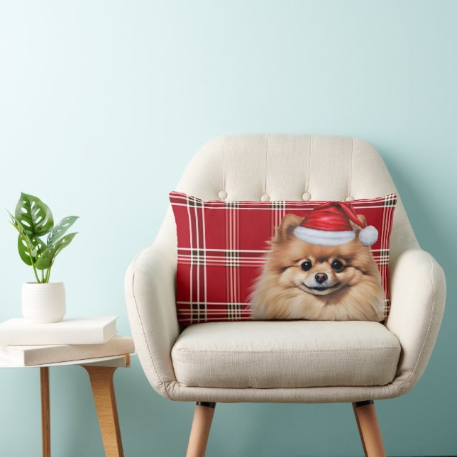 Almofada Lombar Dog Lover Christmas Pomeranian Holiday Plaid (Cadeira)