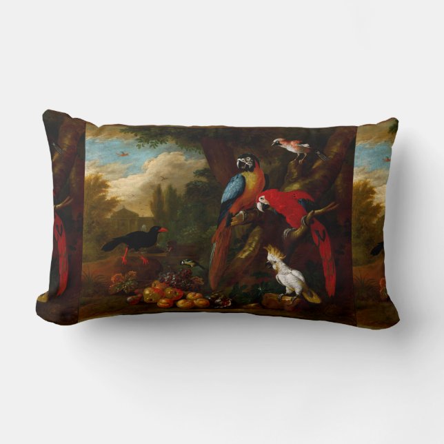 Almofada Lombar Dois Macaws uma Cockatoa e um Jay com Fruta (Frente)