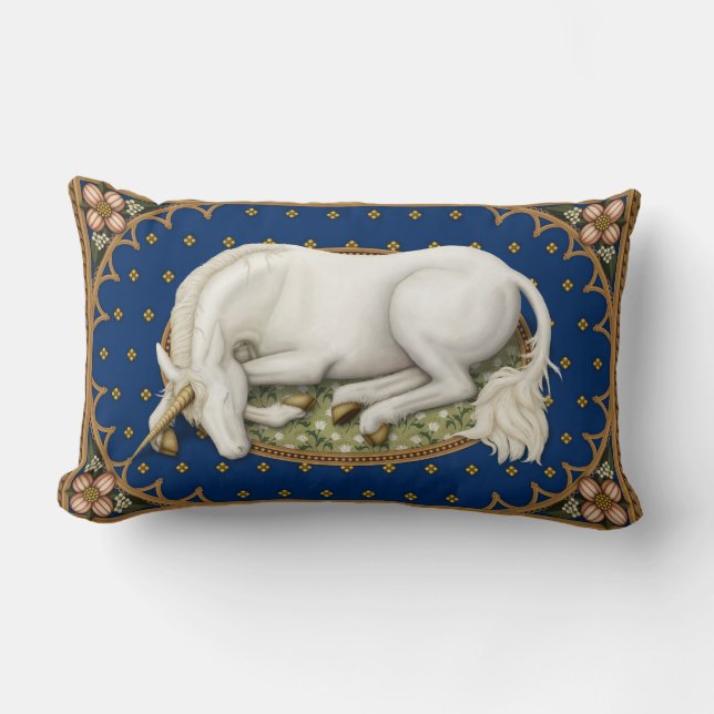 Almofada Lombar Dormir no Unicórnio num Floral Azul Profundo (Frente)
