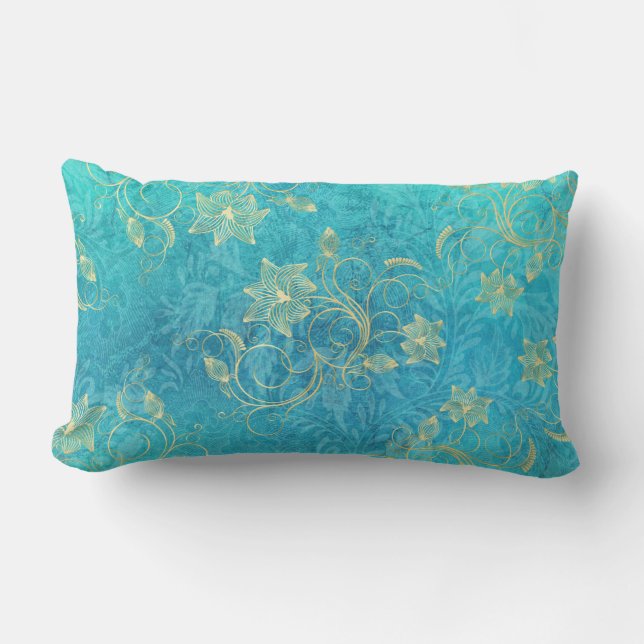 Almofada Lombar Dourada Floral Filigree em Turquoise (Frente)