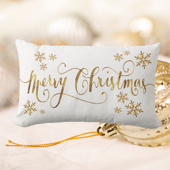 Almofada Lombar Dourado elegante e feliz Natal (Elegant Gold and White, Merry Christmas Lumbar Pillow)