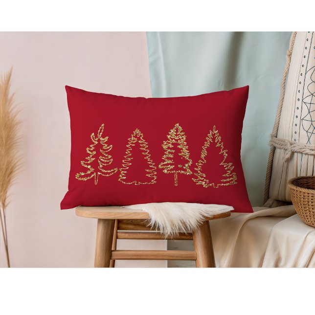Almofada Lombar Dourado Pinheiros Glitter, Vermelho de Natal, (Gold Pine Trees I Christmas Red Lumbar Pillow)