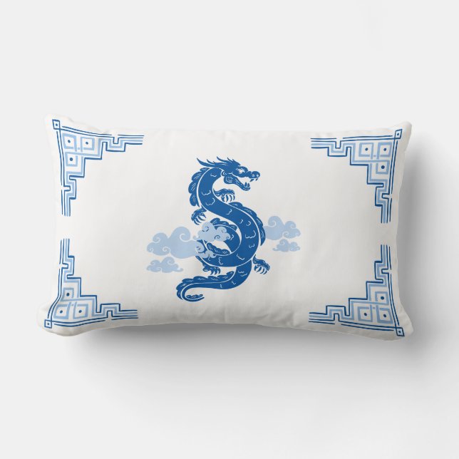 Almofada Lombar Dragão e Nuvens da Chinoiserie Azul Sky (Frente)