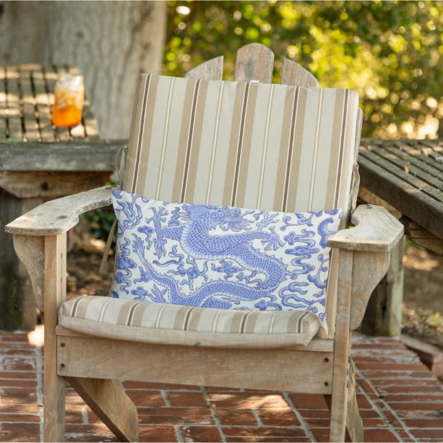 Almofada Lombar Dragão Floral Chinês Azul e Branco - Paciente Exte (Cadeira)