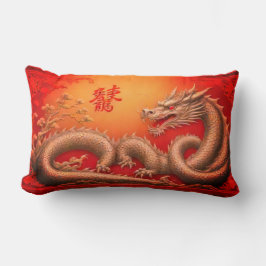 Almofada Lombar Dragão vermelho-ouro chinês Travesseiro decorativo