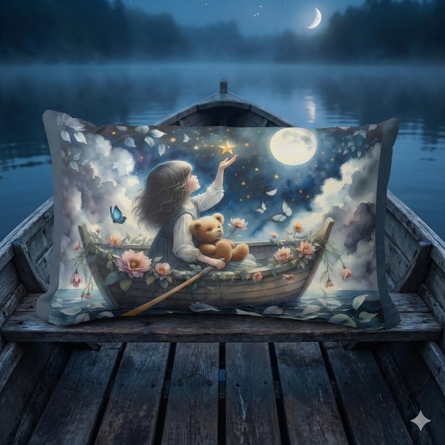 Almofada Lombar Dreamy Girl Rowing Boat Moonlit Fantasy Scene (Dreamy Girl Rowing Boat Moonlit Fantasy Scene Lumbar Pillow Mockup C)