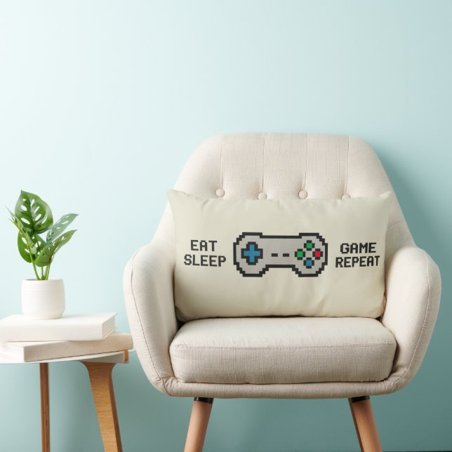 Almofada Lombar Eat Sleep Game Repeat – Cool Pixel Gamer Pillow (Cadeira)