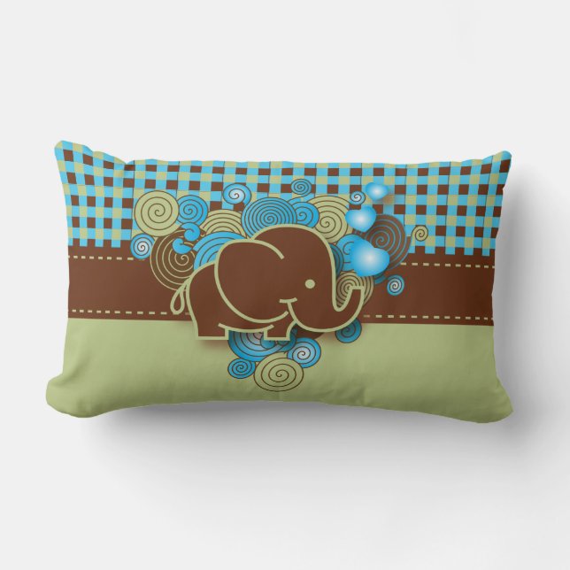 Almofada Lombar Elefante azul, verde & de Brown da xadrez do bebê (Frente)