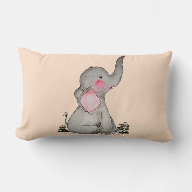 Almofada Lombar Elefante De Bebê Cuta De Aquarela Com Blush E Flor (Frente)