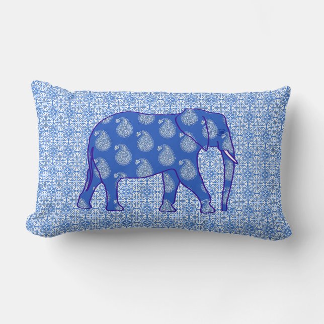 Almofada Lombar Elefante de Paisley - azul de cobalto e branco (Frente)