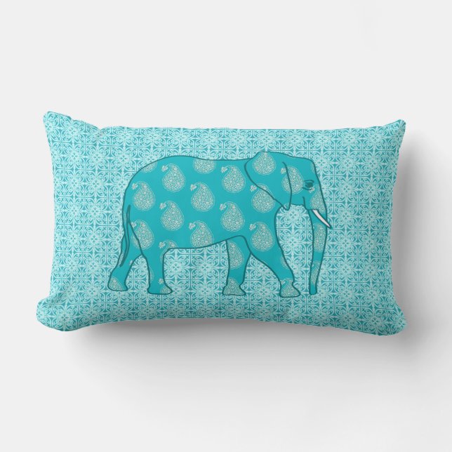 Almofada Lombar Elefante de Paisley - turquesa e aqua (Frente)