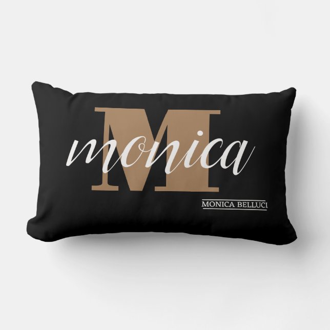 Almofada Lombar Elegant Monogram Black Gold Script minimal (Frente)