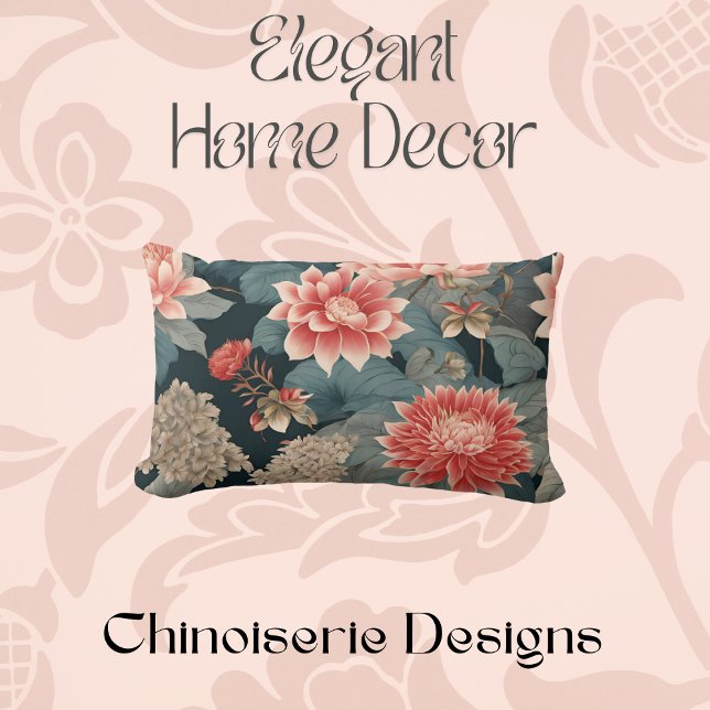 Almofada Lombar Elegante Chinoiserie Teal Peach Florals (Criador carregado)