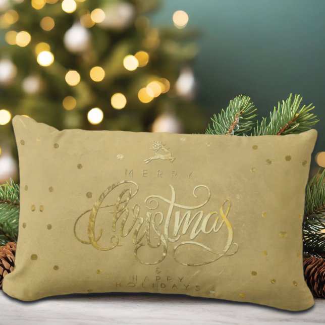 Almofada Lombar Elegante Dourada Reindeer Dourada Letters no Natal (Criador carregado)