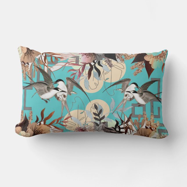 Almofada Lombar Elegante Floral, Birds Geometrics em Turquesa (Frente)