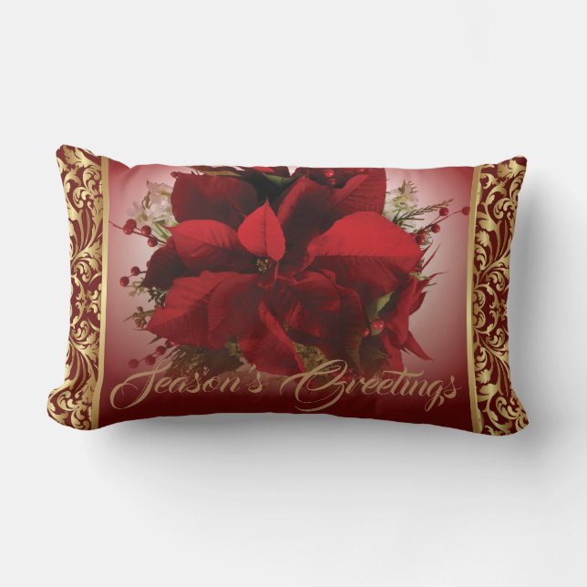 Almofada Lombar Elegante Red & Dourada Poinsettia de Natal (Frente)