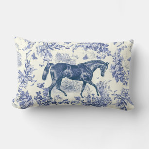 Almofada Lombar Elegante Toile Floral Azul Cavalo Vintage