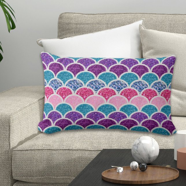 Almofada Lombar escamas de sereia roxa-rosa-turquesa-aqua (aqua turquoise pink purple mermaid scales lumbar pillow)