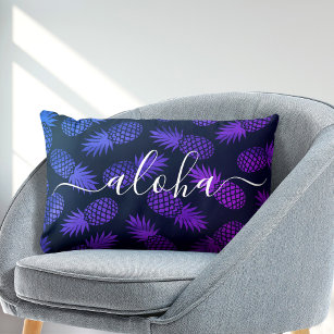 Almofada Lombar Escrito Aloha padrão abacaxi azul púrpura ombre