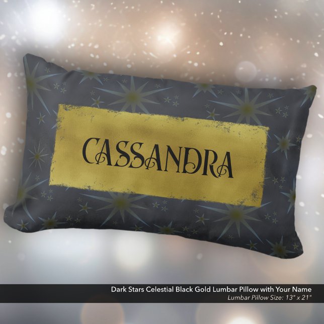 Almofada Lombar Escuros Escuros Celestiais Nome Dourado Preto Cele (Dark Stars Celestial Black and Gold Lumbar Pillow Personalized with Your Name.)