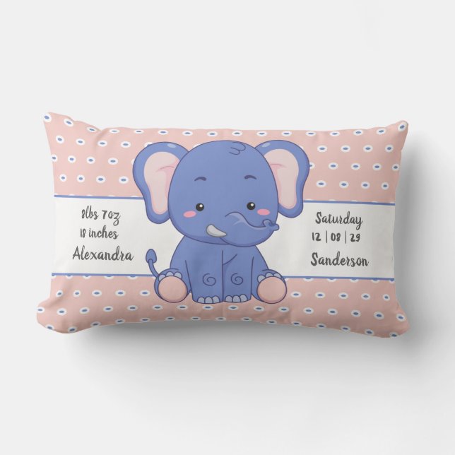 Almofada Lombar Estatísticas de Bebê Elefante Bolinhas Cinza Rosa  (Frente)