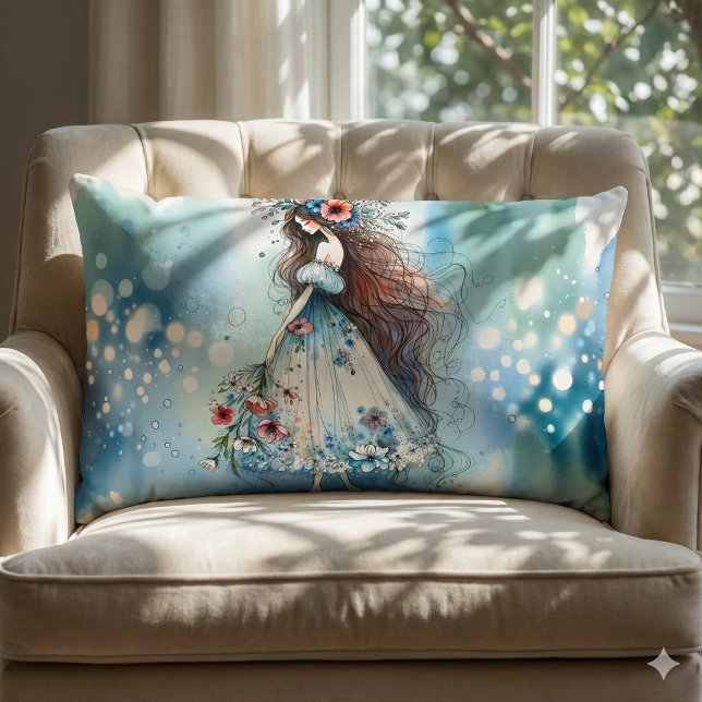 Almofada Lombar Fada de Flor Eetérea na Sonolência de Aquarela (Ethereal Flower Fairy in Watercolor Dreamscape Lumbar Pillow Mockup A)