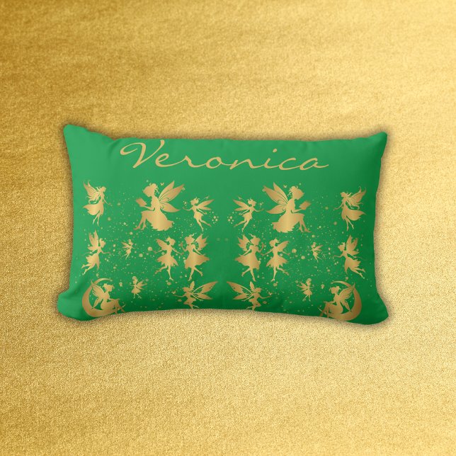 Almofada Lombar Fadas Douradas com Pixie Posta no Monograma Verde  (Criador carregado)