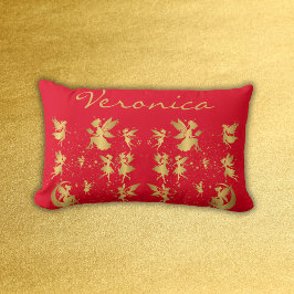 Almofada Lombar Fadas Douradas com Pixie Posta no Monograma Vermel