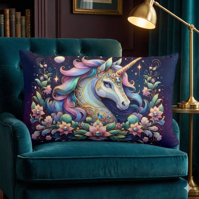 Almofada Lombar Fantasia Floral de Unicórnio em Tons Preciosos (Jewel Toned Unicorn Floral Fantasy Lumbar Pillow Mockup A)