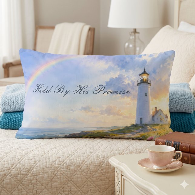 Almofada Lombar Farol Arco-íris Aquarela Costeira (Rainbow Lighthouse Coastal Watercolor Lumbar Pillow)